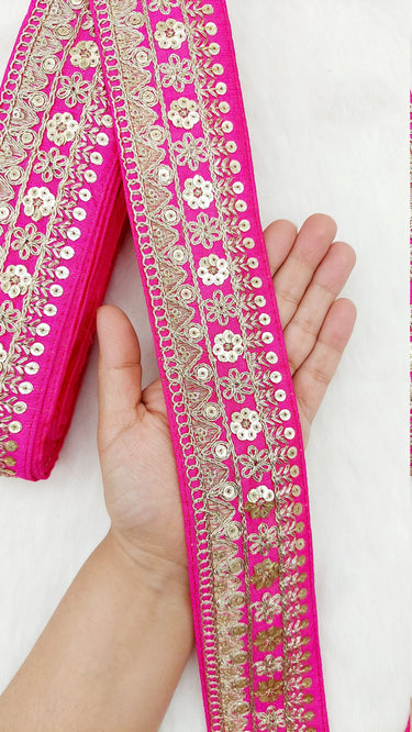 Art Silk Fabric Trim With Gold Floral Embroidery, Floral Sequins Sari Border, Trim By 9 Yards